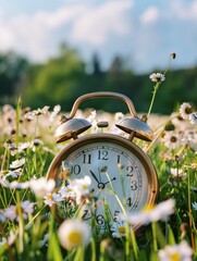 A classic alarm clock sits amidst vibrant flowers in a field