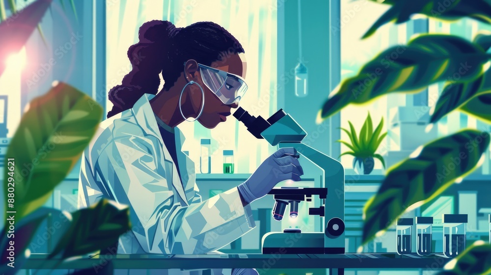 Poster scientist studying microscopic specimen with magnifying tool