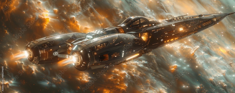 Poster a photorealistic depiction of a sleek spaceship soaring through a nebula, its engines glowing and it