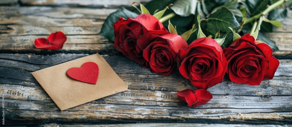 Poster red roses and a heart-shaped card placed on weathered wood with copy space image for your message.