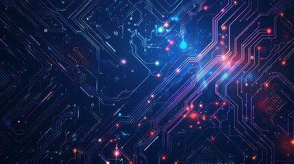 Fototapeta premium Abstract glowing circuit board with vibrant blue and pink lights, representing advanced technology and data flow.