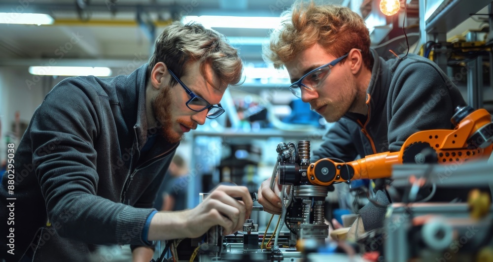 Poster two engineers working on robotics project in laboratory with focused expressions and glasses