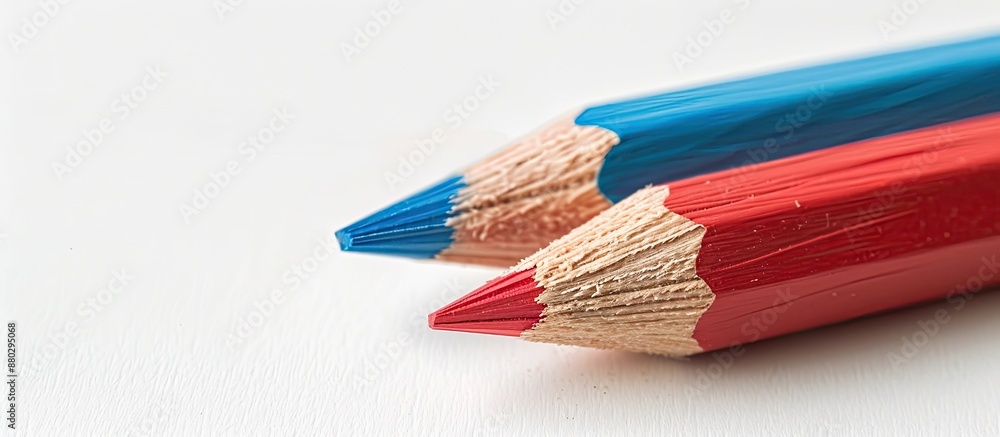 Poster Two double-sided colored pencils in red and blue hues placed on a white backdrop with ample copy space image.