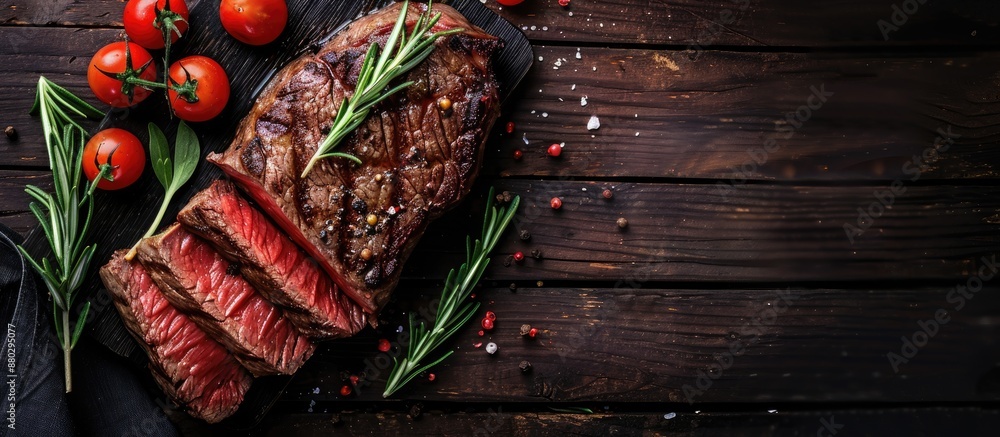 Poster beef steak displayed on a dark wooden table, with ample copy space image.
