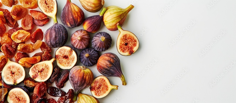 Poster A group of figs arranged solo on a plain white backdrop, creating a display of assorted dried fruits with ample copy space image.
