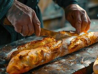 A person is shown cutting a loaf of bread with a knife, highlighting the everyday task