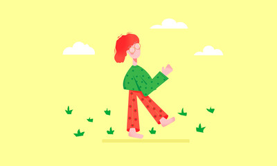 Funny girl on a yellow background in summer in a bright look. vector illustration