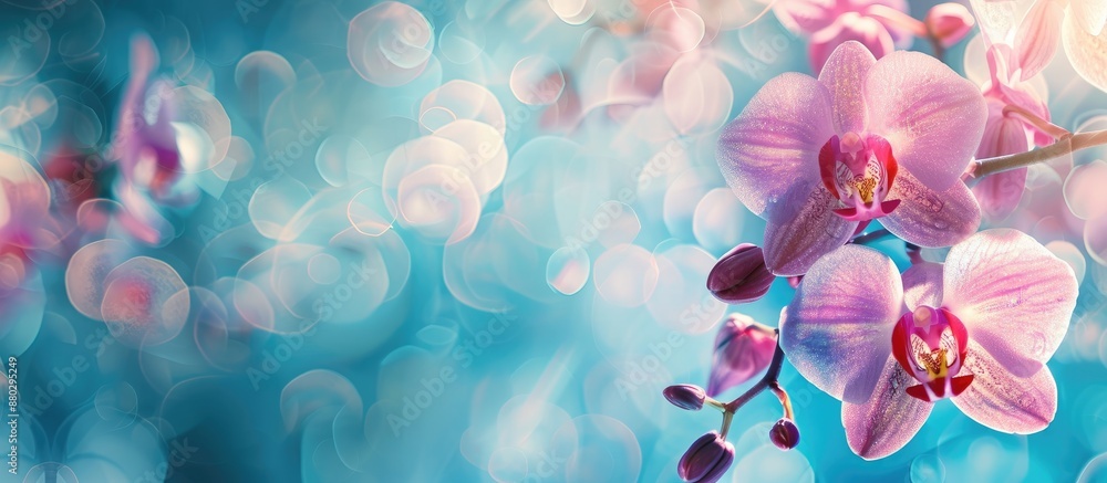 Poster banner with copy space image featuring pink orchid branches set against a blue bokeh background.