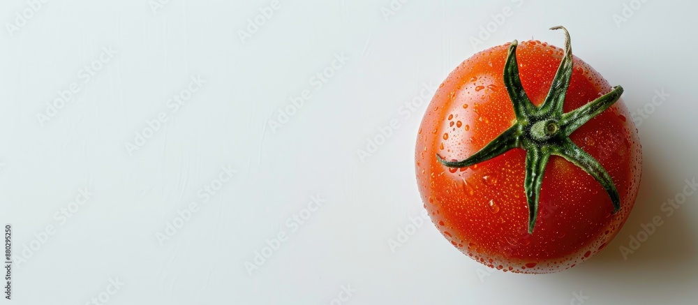 Poster copy space image of a tomato against a white backdrop.