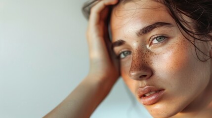 Naklejka premium Close-up shot of a woman's face with distinctive freckles, ideal for use in beauty and lifestyle contexts