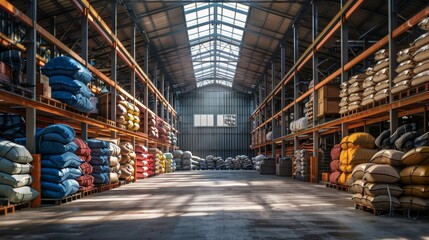 Fototapeta premium A large industrial warehouse with rows of bags stacked showcases a meticulously organized storage facility.