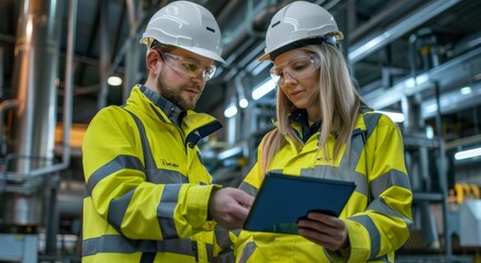 Two engineers in high visibility jackets and helmets discussing work on a tablet in an industrial setting