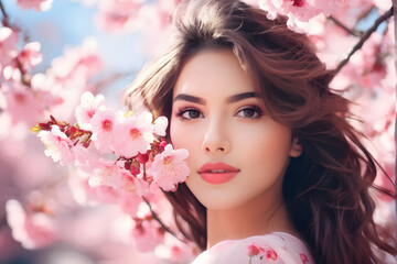 Naklejka premium A woman is standing in front of a tree with pink flowers
