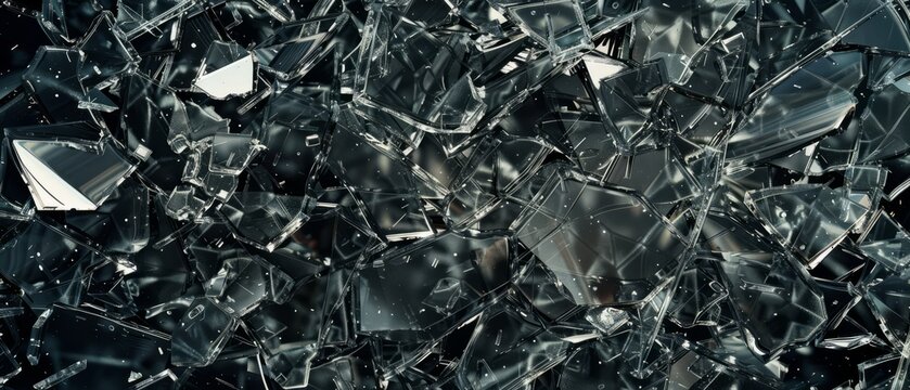 Panoramic close-up, high detail scan of shattered glass with sharp splinters texture, Generative AI - Powered by Adobe