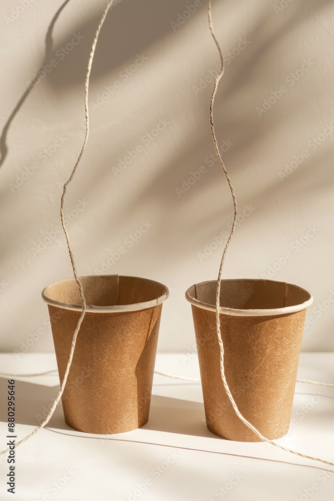 Poster two empty paper cups with strings attached for carrying or hanging