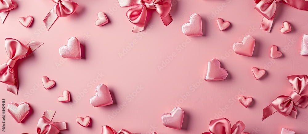 Aufkleber pink background adorned with heart symbols, bows, and copy space image, creating a festive vibe.