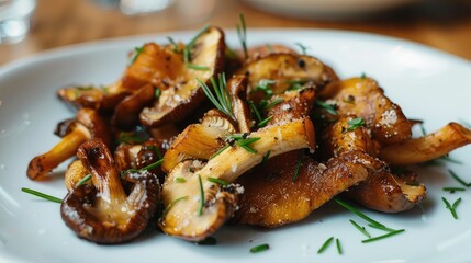 Selective focus on fried eringi mushrooms on white plate