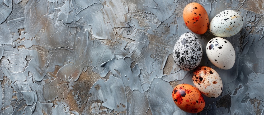 Poster Quail eggs painted for Easter displayed on a textured concrete background with copy space image available.