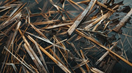 A cluster of sticks protruding from the surface of the water, perhaps remnants of a natural or artificial structure