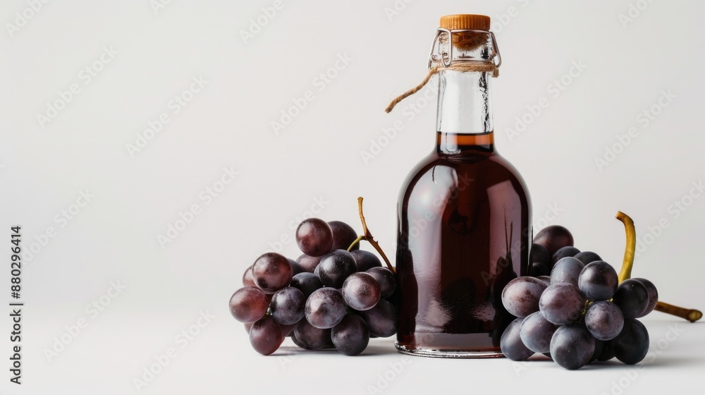 Poster a bottle of wine and some grapes placed on a table