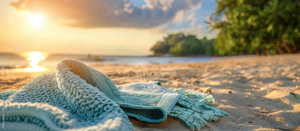 Poster empty beach towel on sunny summer day with copy space image.