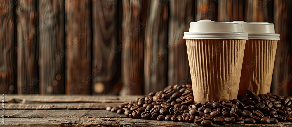 Poster two textured paper cups next to a mound of coffee beans on a wooden backdrop with a copy space image