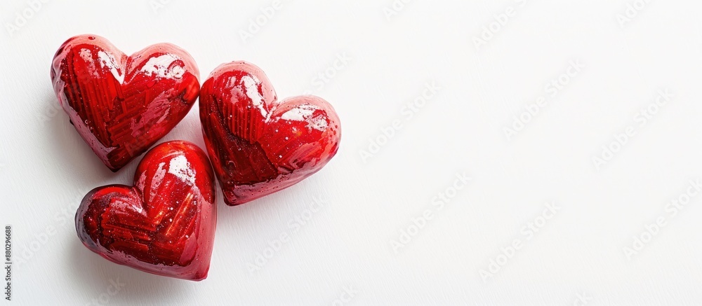 Poster two red hearts displayed on a white background with copy space image.