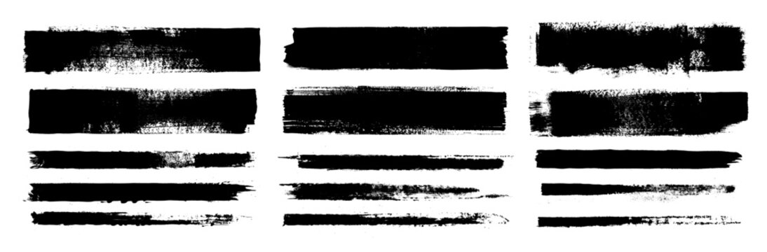 Straight line vector brush strokes. Black hand drawn stripes, smears. Chinese or Japanese calligraphy brushstrokes set. Rough grunge thick paint line texture. Vector sketch rectangle text boxes