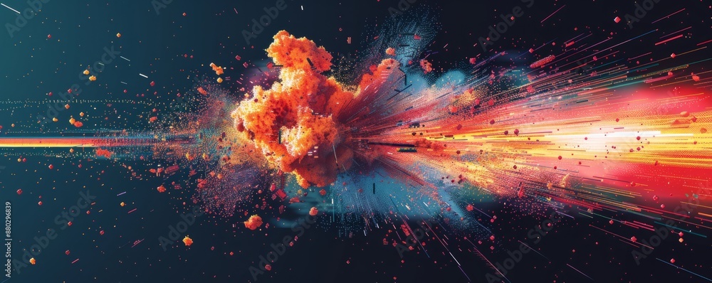 Poster a pixel art representation of a chaotic explosion of pixelated abstract elements, bursting with pixe