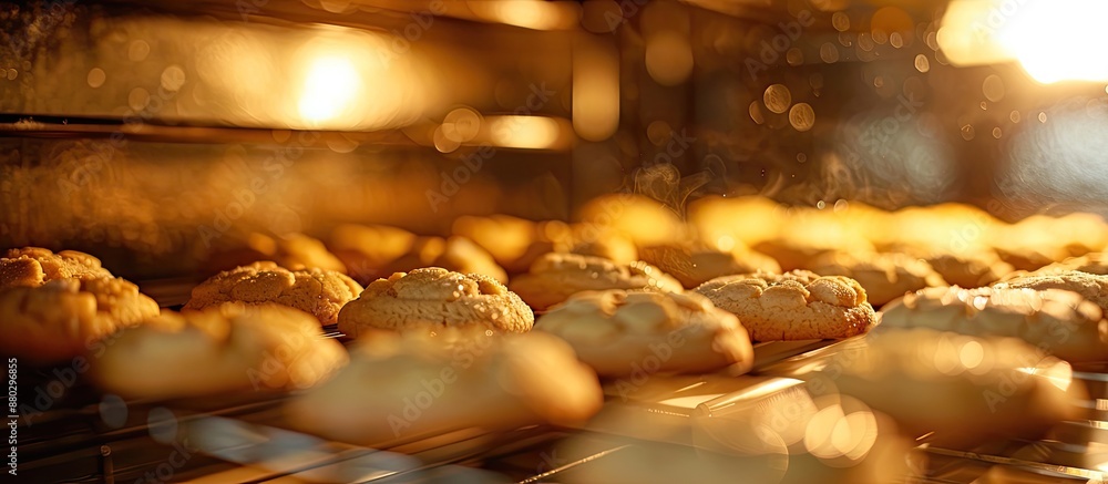 Poster sugar cookies in the oven being baked, displayed in a close-up shot with shallow depth of field, ide