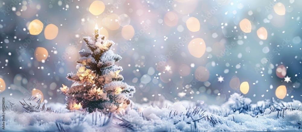 Poster snow-covered fir tree decorated for christmas with a magical light bokeh backdrop, creating a charmi