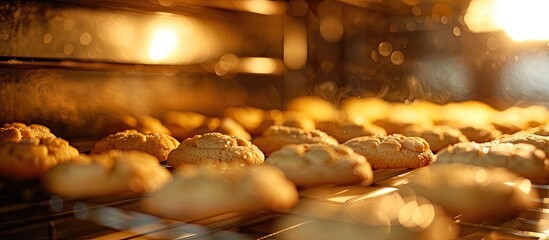 Obraz premium Sugar cookies in the oven being baked, displayed in a close-up shot with shallow depth of field, ideal for a copy space image.