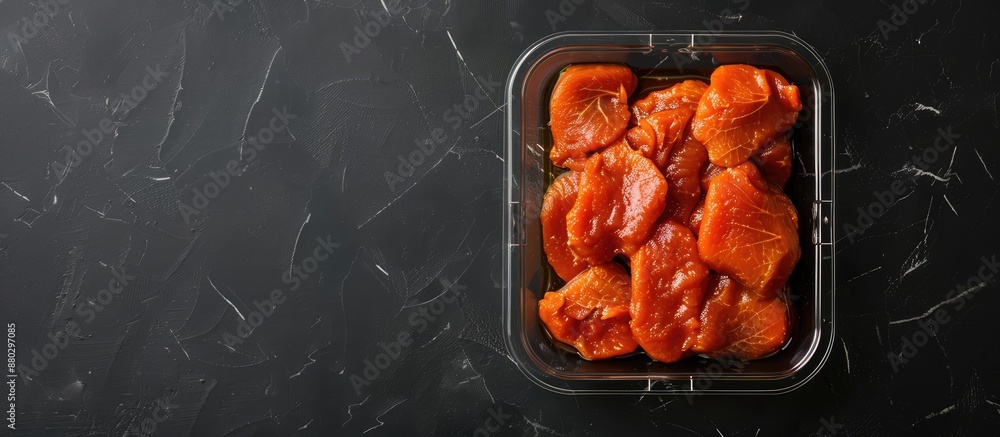 Aufkleber Top view of marinated chicken fillet in red sauce in a transparent tray on an isolated background with copy space image, suitable for fast food or home-cooked meals.
