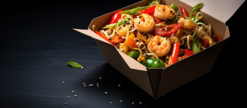 Studio-shot Asian noodles with shrimp and vegetables in a takeaway box with chopsticks surrounded by hot, spicy, tasty junk food on a grey background; the image includes copy space.