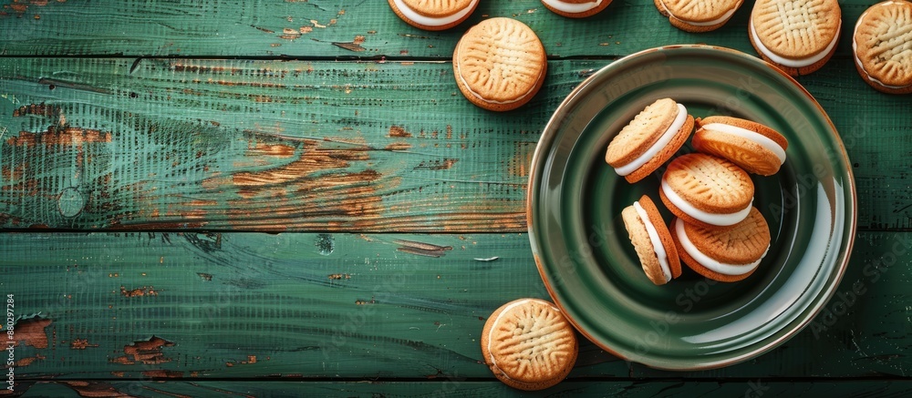 Poster a plate of sandwich cookies with filling set on an aged green wooden backdrop, captured from above t