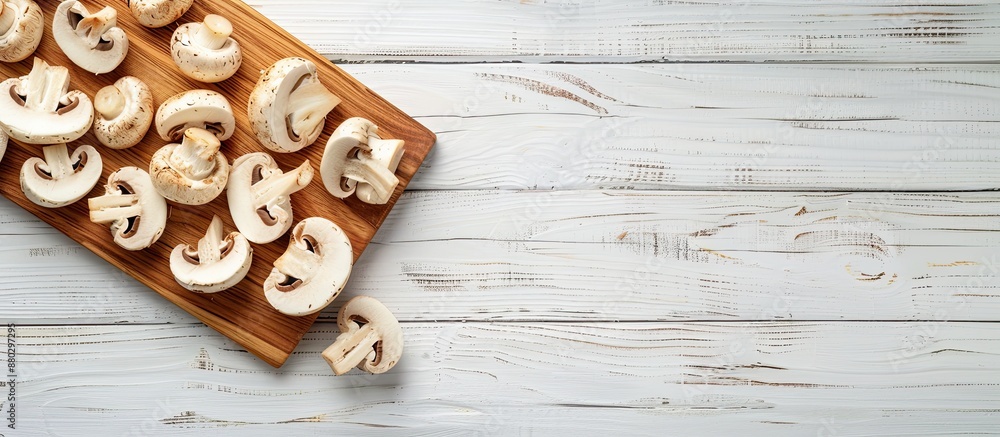 Aufkleber overhead view of sliced mushrooms on a wooden cutting board against a white wooden backdrop, with a 