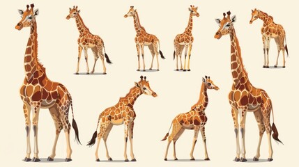 Naklejka premium Giraffes in Various Poses: An Illustrated Collection