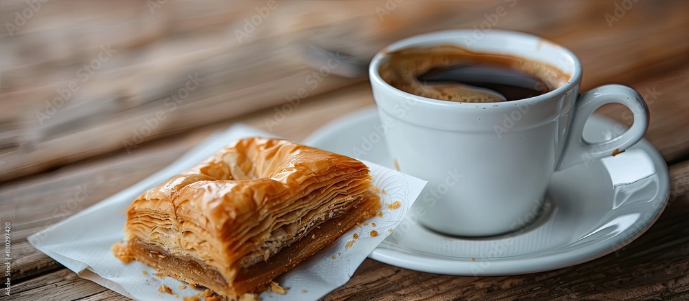 Poster selective focus on a cup of turkish coffee and baklava creates an enticing image with room for text.