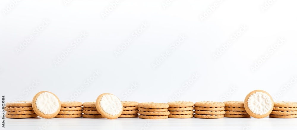 Poster white biscuits set against a white backdrop allowing for copy space image.