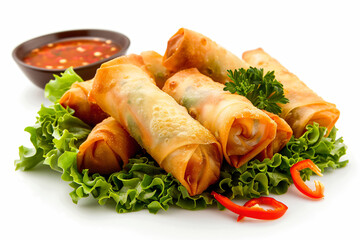 a plate of food with a bowl of dipping sauce