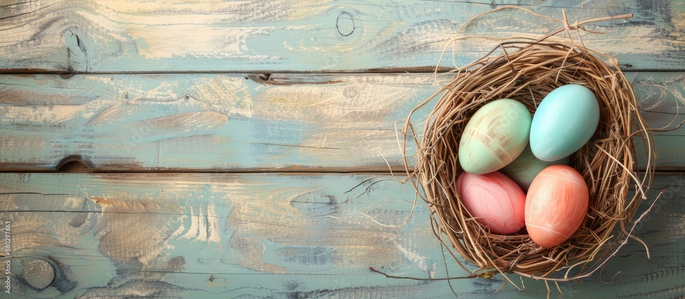 Poster easter eggs in a nest on a weathered wooden backdrop in a retro vintage style with a soft focus. ide
