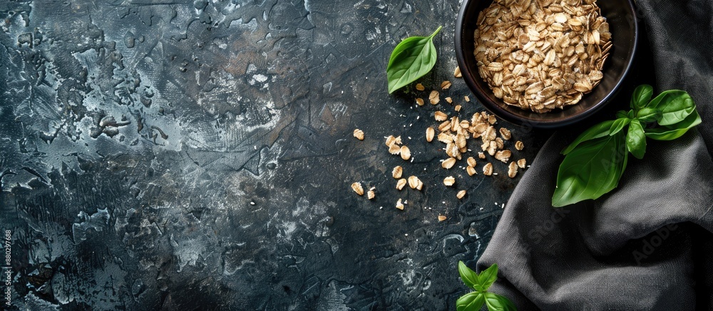 Poster a dark rustic background with a healthy food concept featuring oats meal and copy space image.