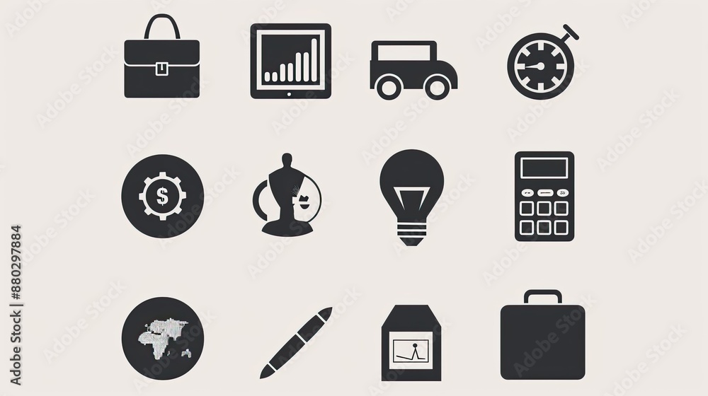 Poster minimalist business icons in a monochromatic color scheme.