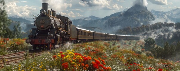 Old-fashioned train chugging through the countryside, 4K hyperrealistic photo