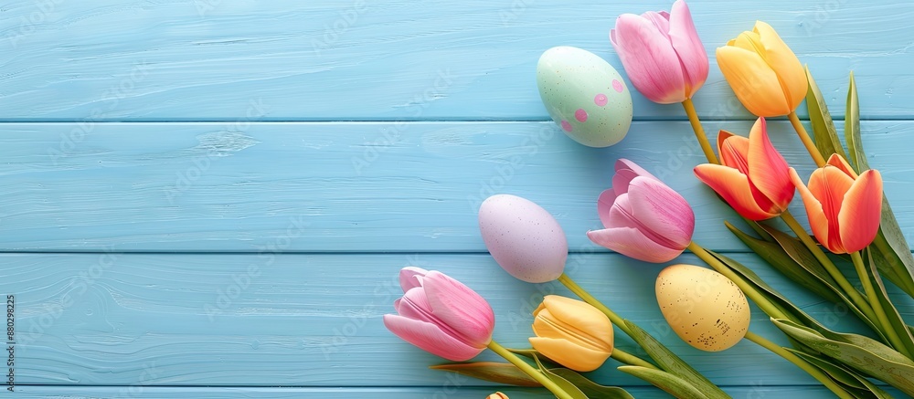 Poster top view of colorful pastel easter eggs with a tulip bouquet on a light blue wooden surface in a sim