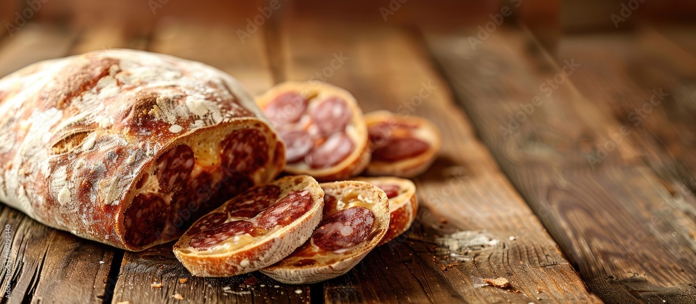 Poster Handcrafted bread with natural fermentation filled with Calabrian sausage and cheese, displayed on a wooden table with a sliced piece and ample copy space image.