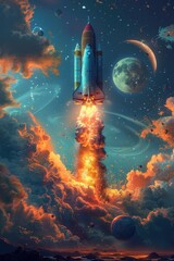 Spectacular rocket launch amidst vibrant cosmic clouds with planets and stars illuminating the night sky: epic space exploration scene with fiery propulsionrocket