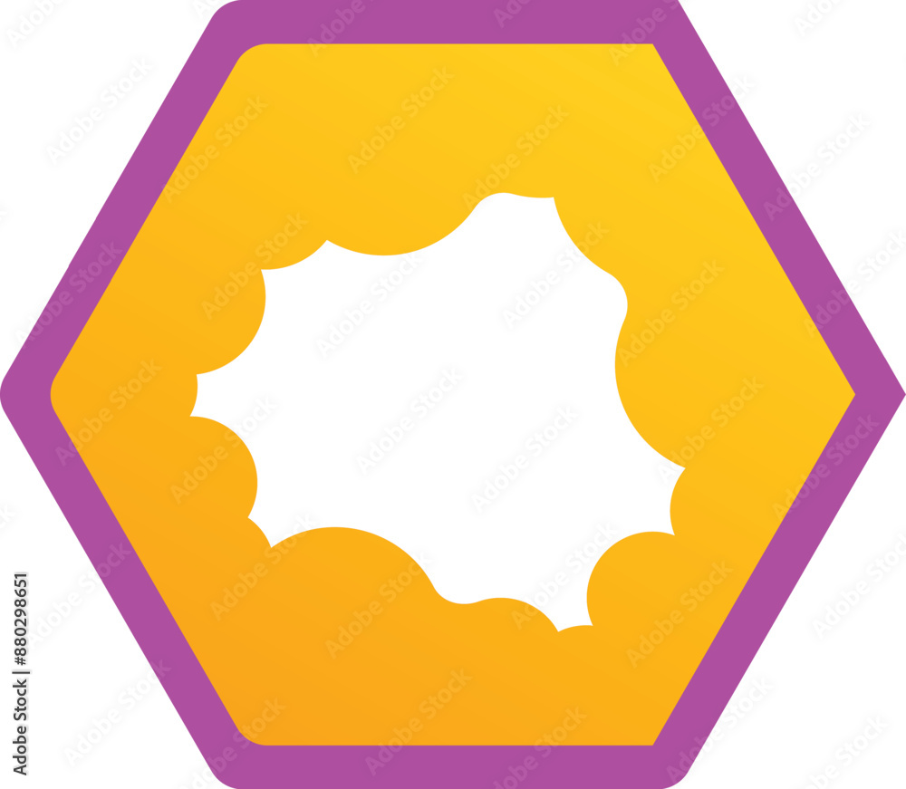 Poster yellow hexagon with a purple outline presenting an empty thought bubble with a jagged border