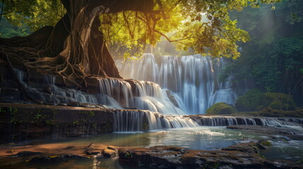 beautiful waterfall with green tree, nature landscape