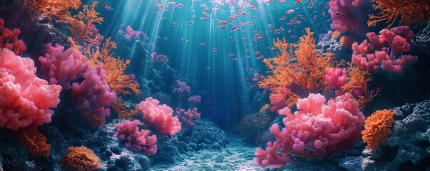 Fototapeta premium Magical underwater scene with colorful coral reefs, 4K hyperrealistic photo
